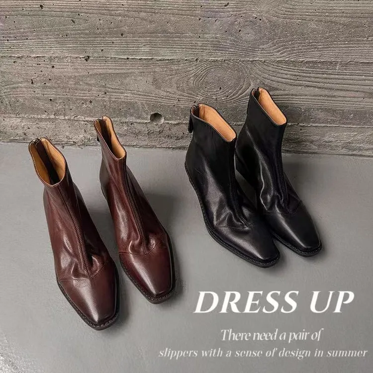 34-40码|5.5cm中跟|黑/棕|陈摸鱼方头复古时尚粗跟后拉链短靴秋冬