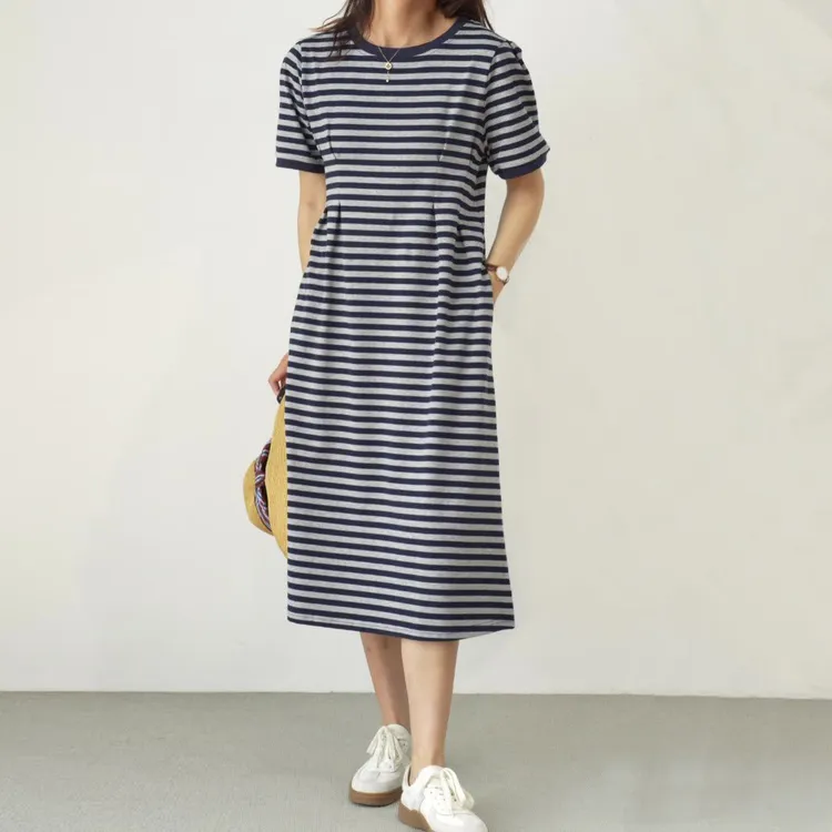 蓝条纹短袖连衣裙女夏季韩版文艺风小个子收腰显瘦口袋T恤长裙子
