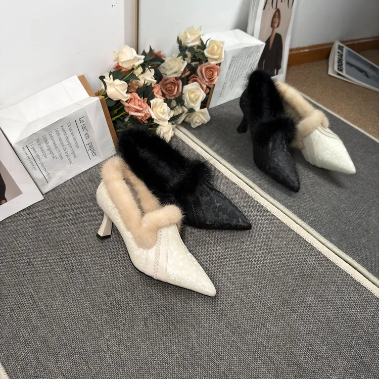 【水波纹】品牌店/牛皮/6CM/33-40/冬季丝光真皮尖头高跟时尚貂毛鞋