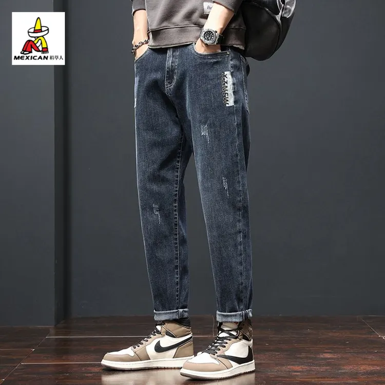 稻草人男士牛仔裤秋冬新款加绒刺绣爆款宽松直筒九分休闲长裤子男