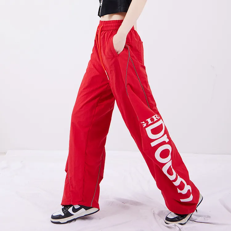 休闲阔腿裤运动裤女夏季红色洋气减龄网红炸街时尚休闲跳舞裤潮