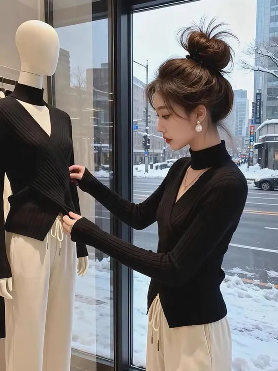 今年冬季新款轻奢优雅风V领挂脖交叉针织衫女高级感设计内搭毛衣