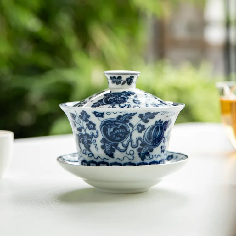 仿古影青釉三才盖碗敬茶杯大容量家用单个陶瓷功夫茶具泡茶碗青花