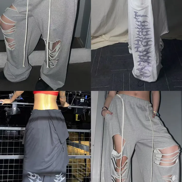 Thisiszoom美式运动巨垂感烫钻破洞卫裤男女同款