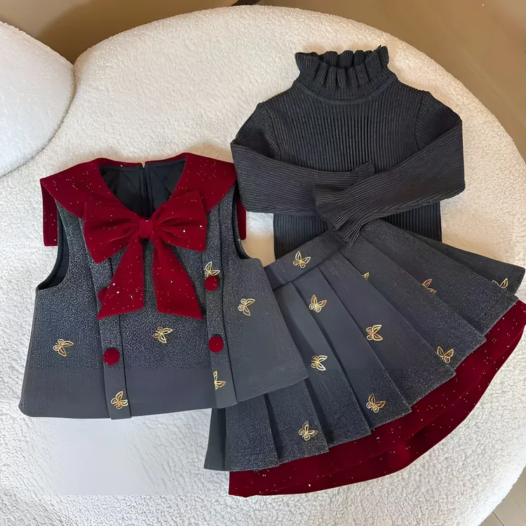 女童秋冬夹棉马甲三件套2025新款毛呢背心加厚百褶裙小香风甜美潮