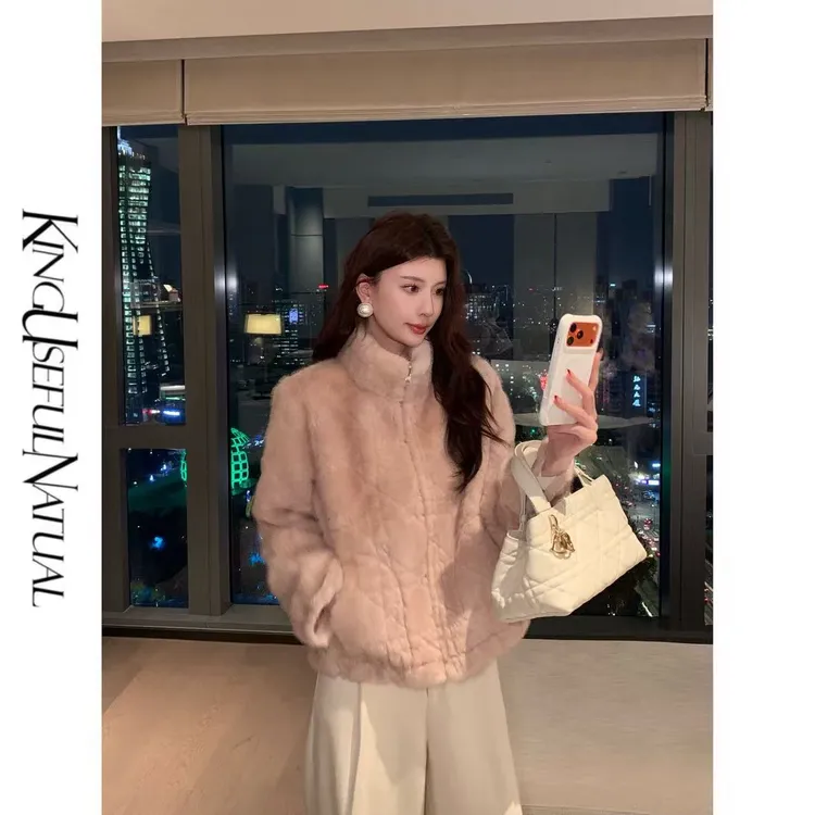 KUN【乖乖女】利落质感 定制仿水貂毛绒低饱和柔粉色立领冬加厚外套