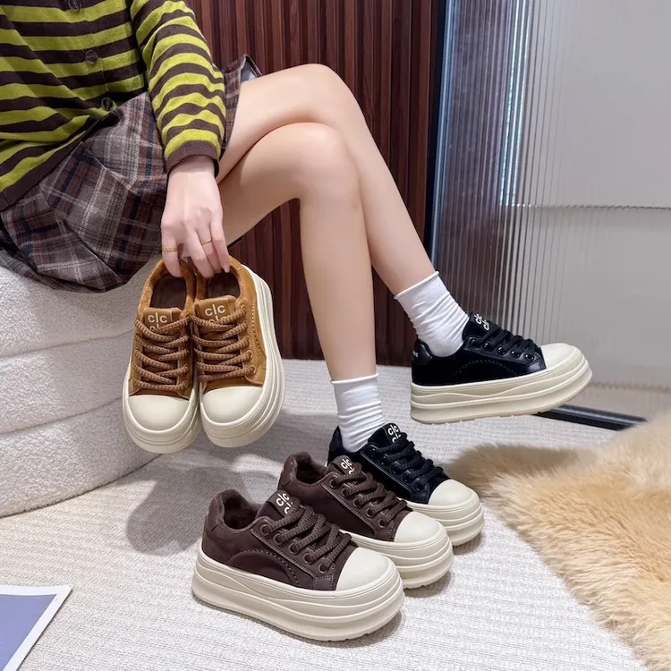 真皮加绒厚底板鞋女款秋冬四季款新款百搭休闲板鞋女L18-1