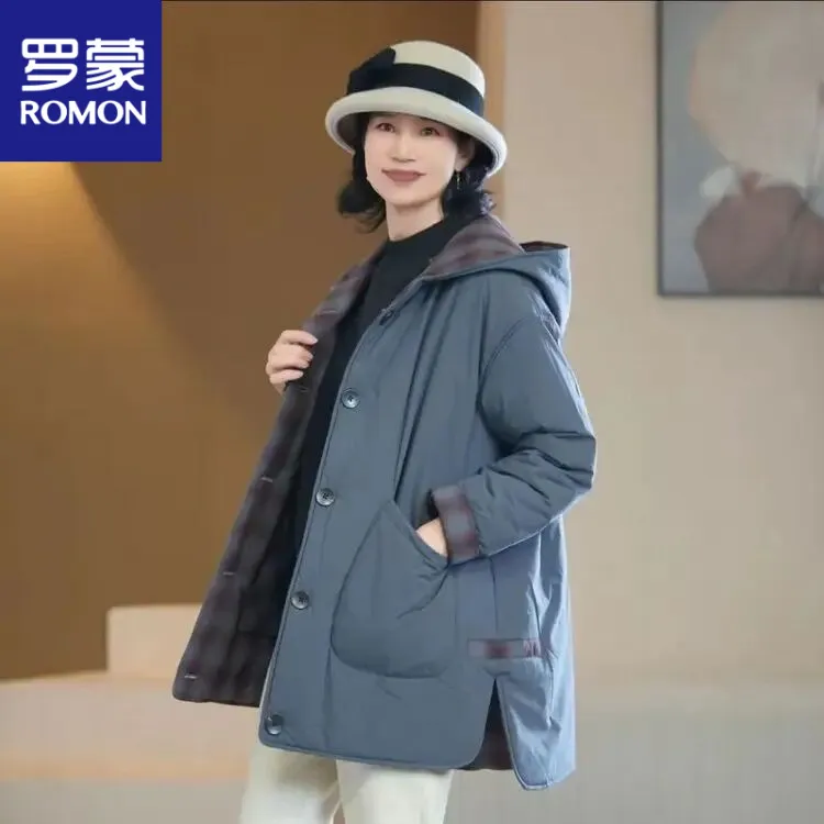 罗蒙双面穿加棉加厚中长款棉服冬季妈妈装时尚保暖上衣外套女