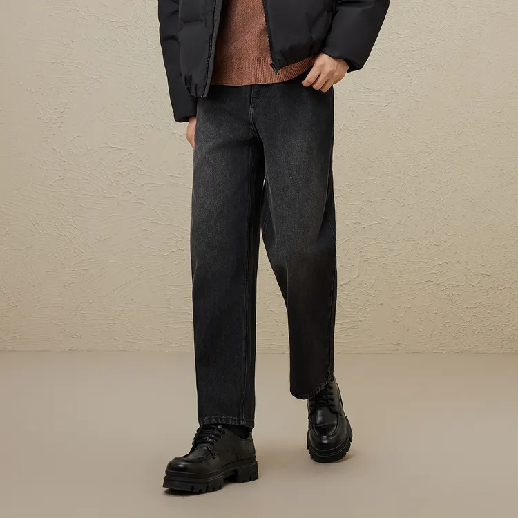 GXG男装秋季双色宽松直筒高智风水洗牛仔裤做旧#G24D052032