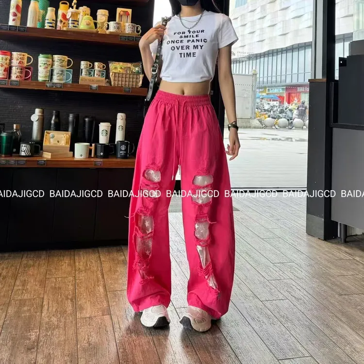 工厂店-（别具一格）夏季新款显瘦洗水棉镂空设计纯色休闲裤（9036）