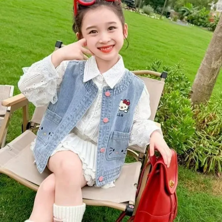 韩版新款春秋季可爱KT猫牛仔马甲女童百搭外穿时尚洋气外套潮