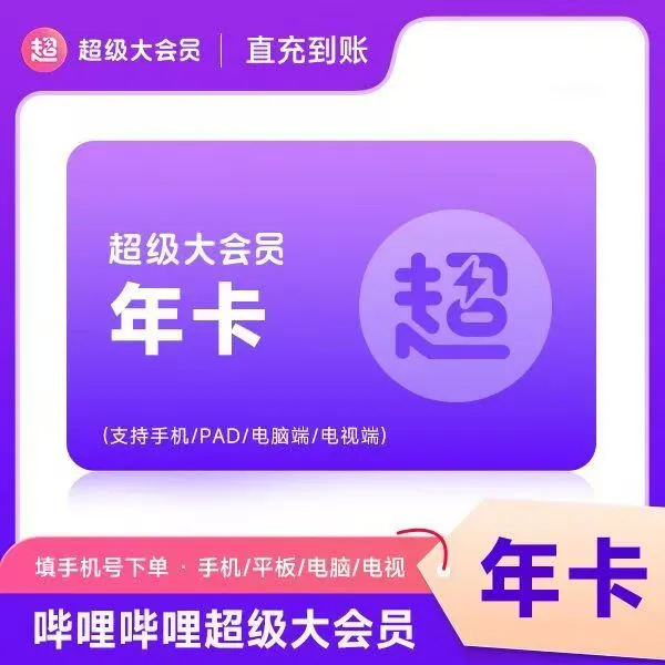哔哩哔哩超级大会员年卡12个月bilibili填手机号直充支持电视端