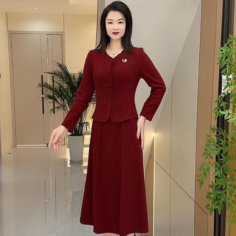 W25S22早冬新款裙子厚款婚期女装红色中长款洋气显瘦假两件连衣裙