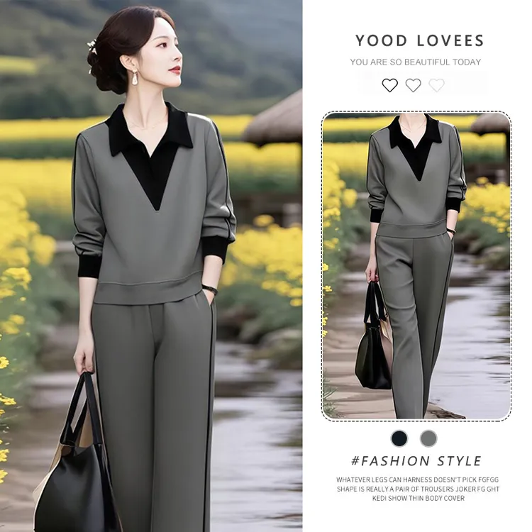 2025春秋新款简约高级感拼接假两件Polo领卫衣直筒阔腿裤两件套装