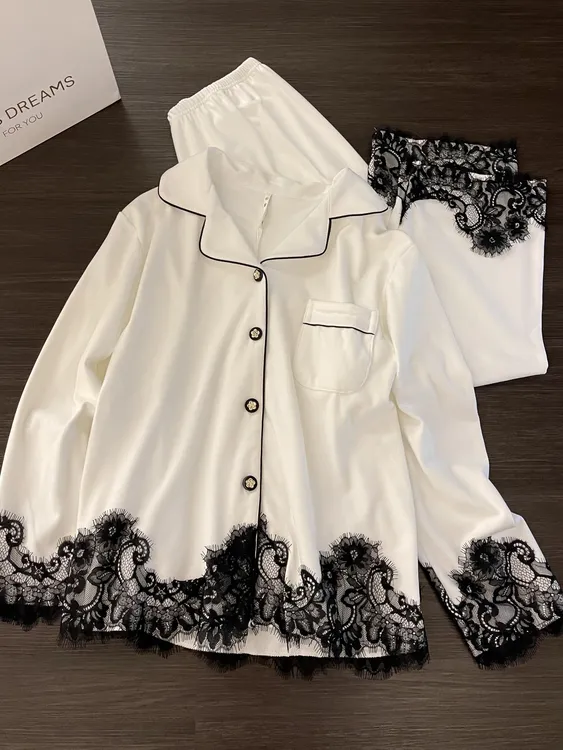 高级感穿搭蕾丝花边德绒睡衣女春秋新款长袖长裤家居服套装可外穿