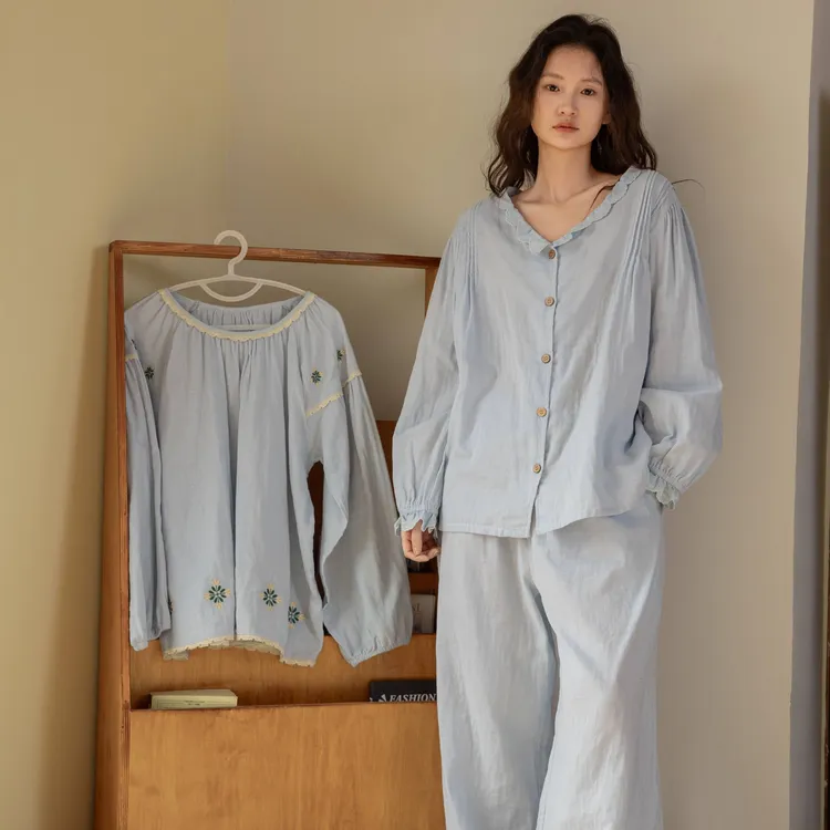 族玛士春秋季睡衣女套装长袖长裤蓝色纯棉纱布宽松蕾丝法式家居服