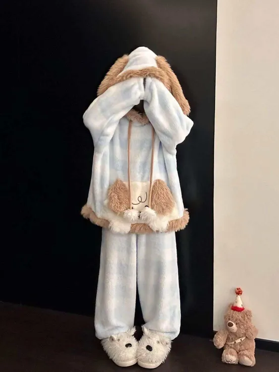 可爱小狗新款时尚软萌珊瑚绒睡衣女秋冬季连帽加绒加厚保暖家居服