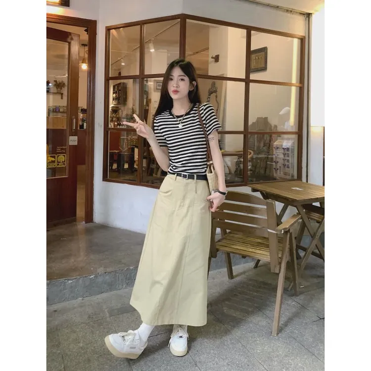 夏季新款韩版条纹短袖恤中长款气质高腰半身裙子时尚两件套装女