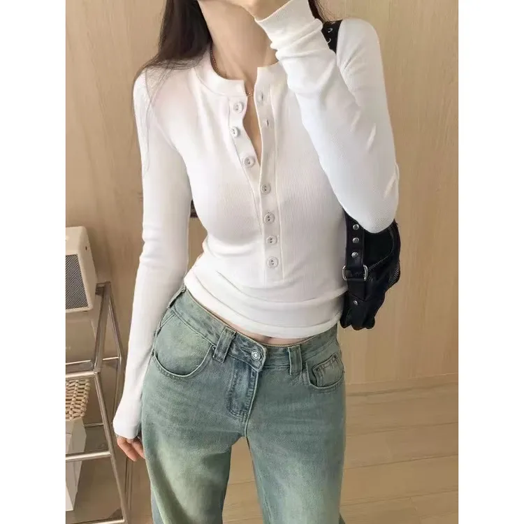 半开领长袖女纯色灰色修身长袖女T恤假两件秋季短款时尚双面磨毛