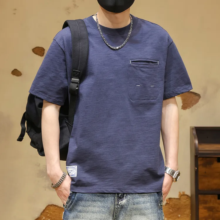 重磅230g竹节棉短袖T恤男士夏季新款美式休闲百搭口袋半袖体恤衫T