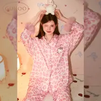 Gukoo果壳德绒轻盈hellokitty甜美豹纹满印长袖女士家居服套装