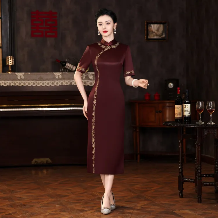 2025春夏季新款喜庆婚礼弹力缎修身妈妈显瘦日常长连衣裙礼服旗袍