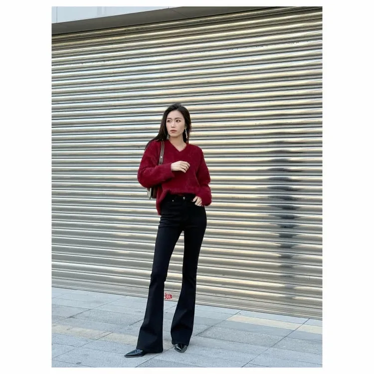 ADI爱典 紧身微喇牛仔裤 经典四季款 修身黑色显瘦气质加绒磨毛