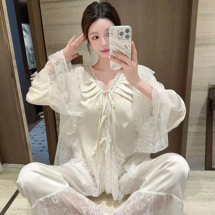 新款冰丝睡衣女春秋高级感法式官廷风蕾丝拼接套装薄款长袖家居服