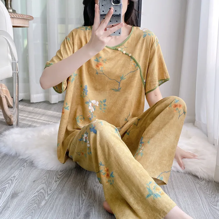 夏季中式国风人造棉棉绸家居服女士睡衣短袖长裤宽松大码套装外穿