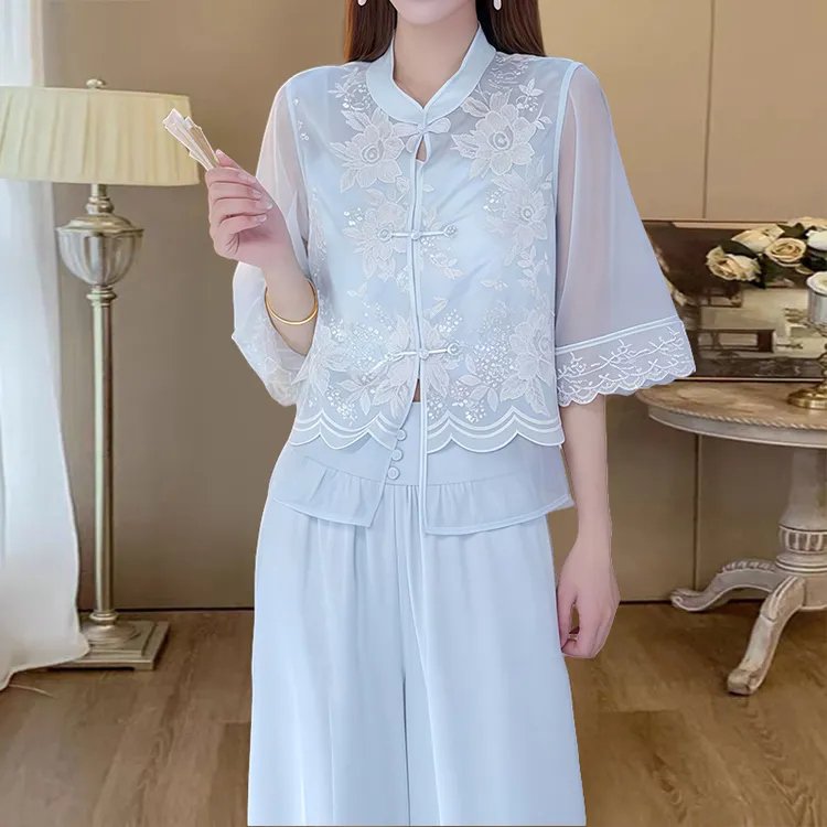 新中式气质套装女2025年夏季新款设计感国风刺绣上衣阔腿裤两件套