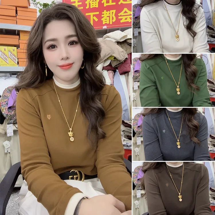 慕斯双面绒~刺绣款撞色假两件肩线长袖！