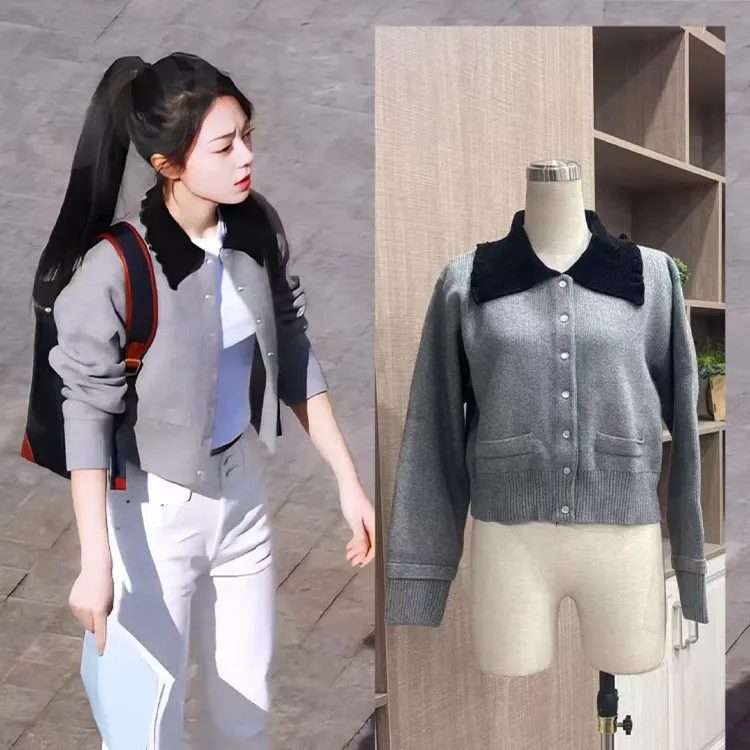 骄阳似我赵今麦同款拼色翻领针织开衫女时尚灰色长袖短款毛衣外套