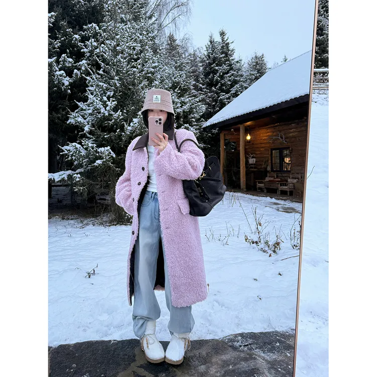 FORNI 粉糯糯的小羊羔 羊毛大衣小香风中长款毛呢大衣