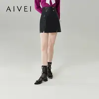 【陈大可专属】AIVEI欣贺艾薇包臀简约开叉黑色PU皮短裙Q0560108