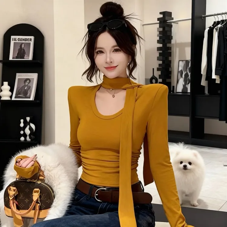 大码女装韩系飘带领短款上衣秋冬季新款修身褶皱磨毛加绒长袖恤