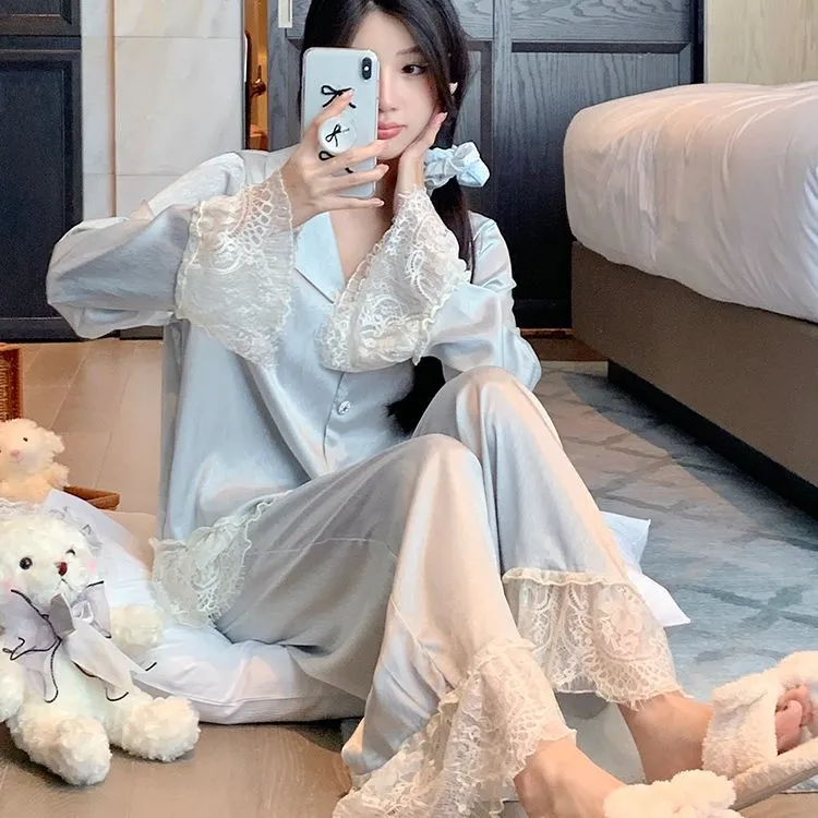 冰丝蕾丝花边高级睡衣女春秋季甜美性感长袖长裤可外穿家居服套装