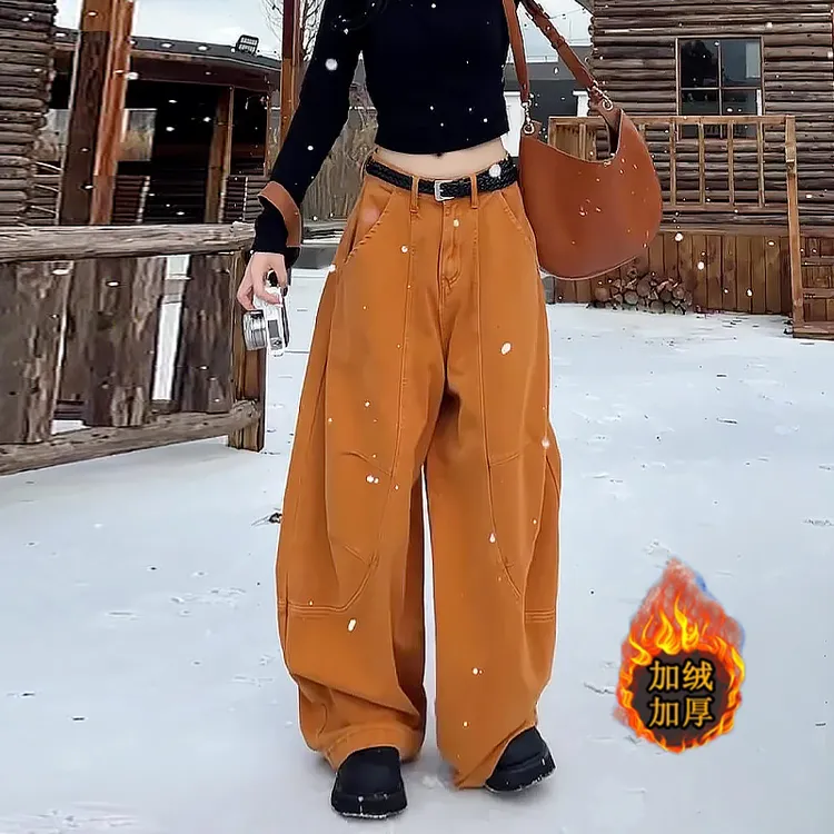 美式复古加绒弯刀牛仔裤女秋冬新款高腰宽松慵懒时尚阔腿拖地裤子