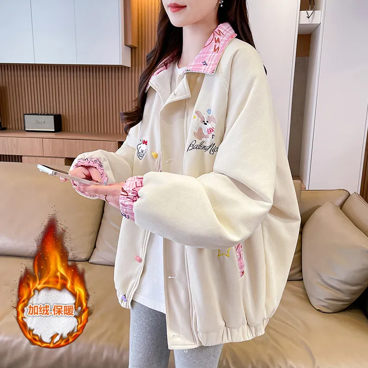 拼色加绒短外套少女2025秋冬季新款初高中学生刺绣印花棉服棉衣