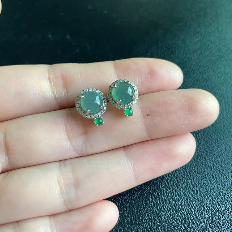 S925银镶翡翠蛋面耳钉耳饰精美
