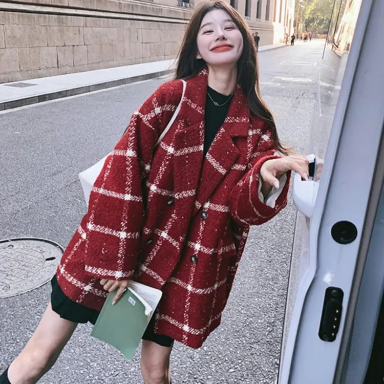 新年红小香风格子西服呢大衣女秋冬2025新款韩系小个子加棉外套女