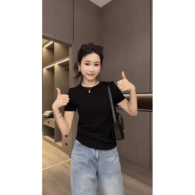 夏季时尚打底百搭纯色显瘦圆领短袖T恤弹力新款创意设计拼接上衣