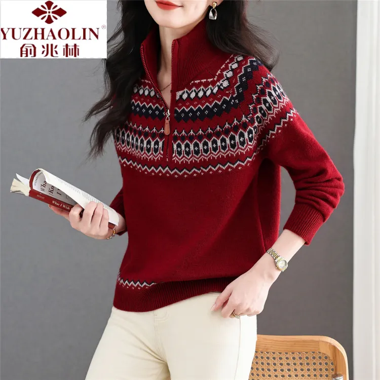 俞兆林本命年红色费尔岛半拉链毛衣女士2025新款秋冬爆款宽松针织