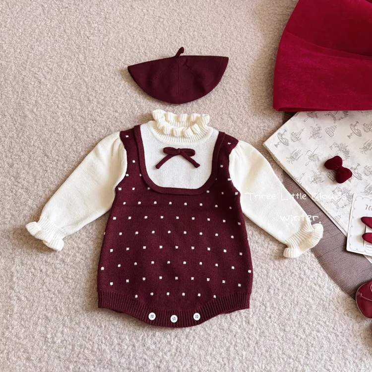 三小朵2945【珍妮日记】女宝婴幼针织包屁暖气房新年可爱哈衣+帽子
