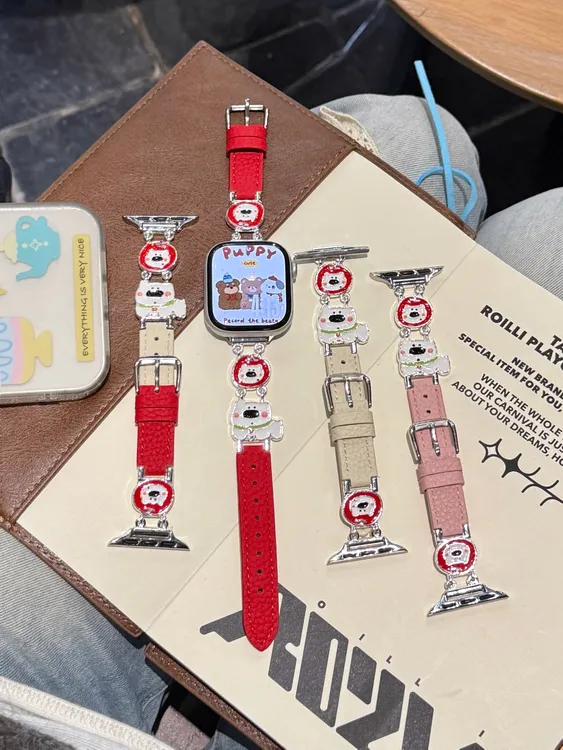 适用小米手环10小狗荔枝纹拼皮表带iwatch11红米6vivogt2狗狗表带