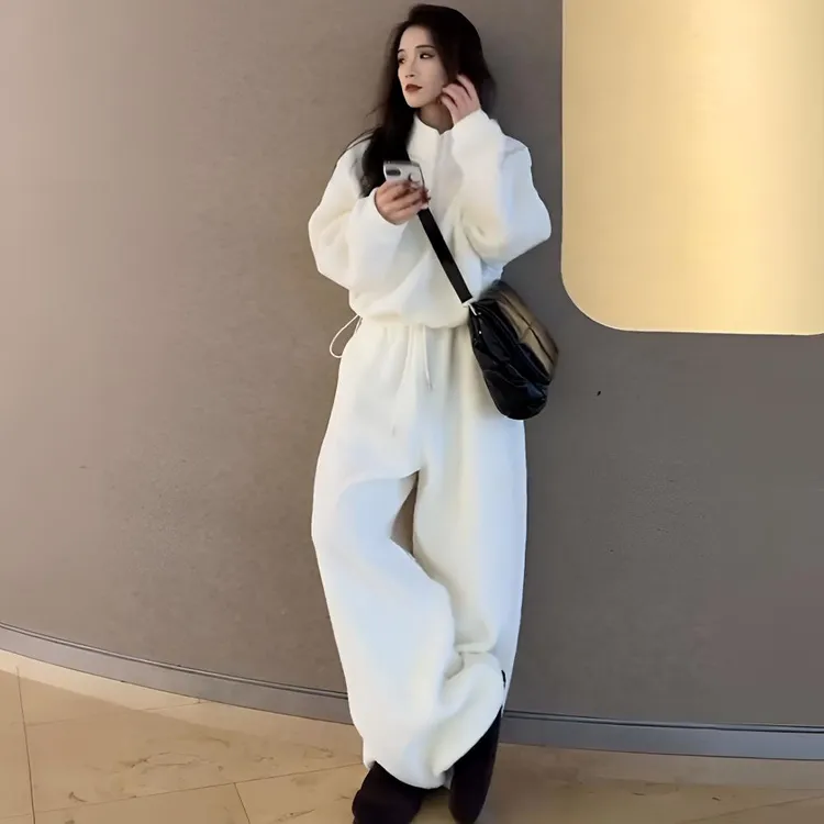 运动休闲简约风卫衣套装女2025新款蓝色短款立领外套阔腿裤两件套