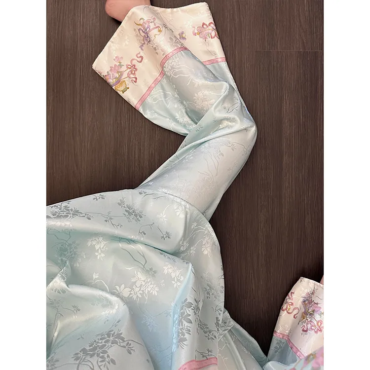 新中式国风古韵提花冰丝睡衣女秋季天蓝色七分袖长裤家居服两件套