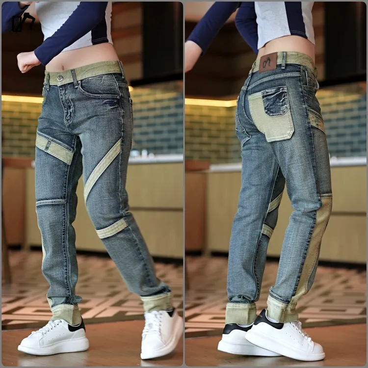 脚踏轮男士修身拼接撞色牛仔裤机车裤秋冬新款潮流拼接潮牌复古男