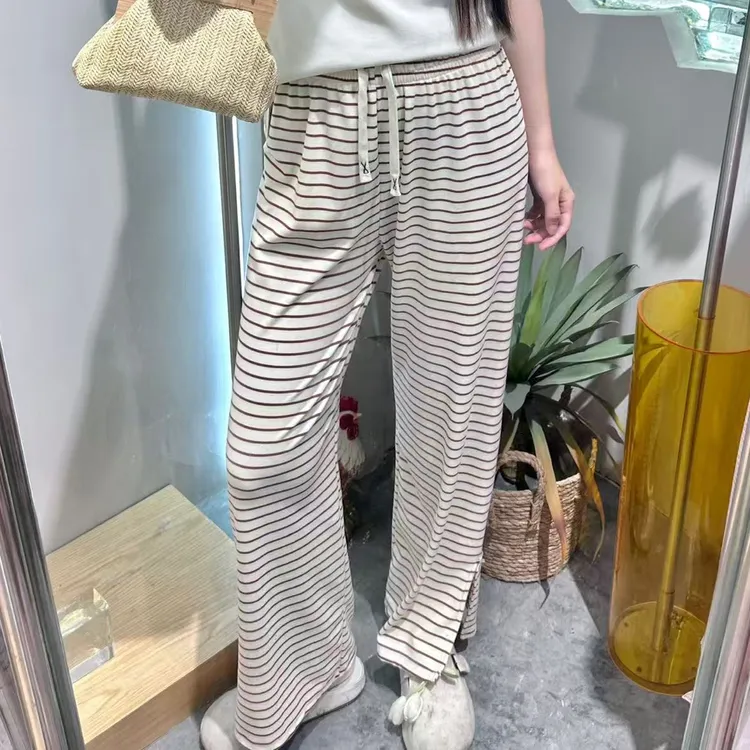 夏季蕾丝花边拼接腰头格子宽松阔腿女装休闲裤