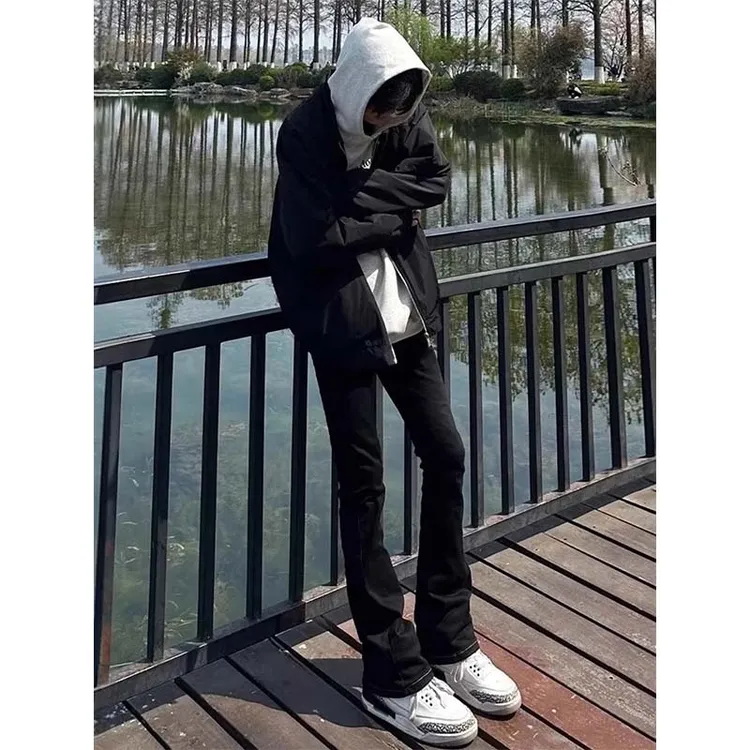 zlayco黑色美式微喇牛仔裤男款春秋喇叭裤子高街提档修身直筒长裤