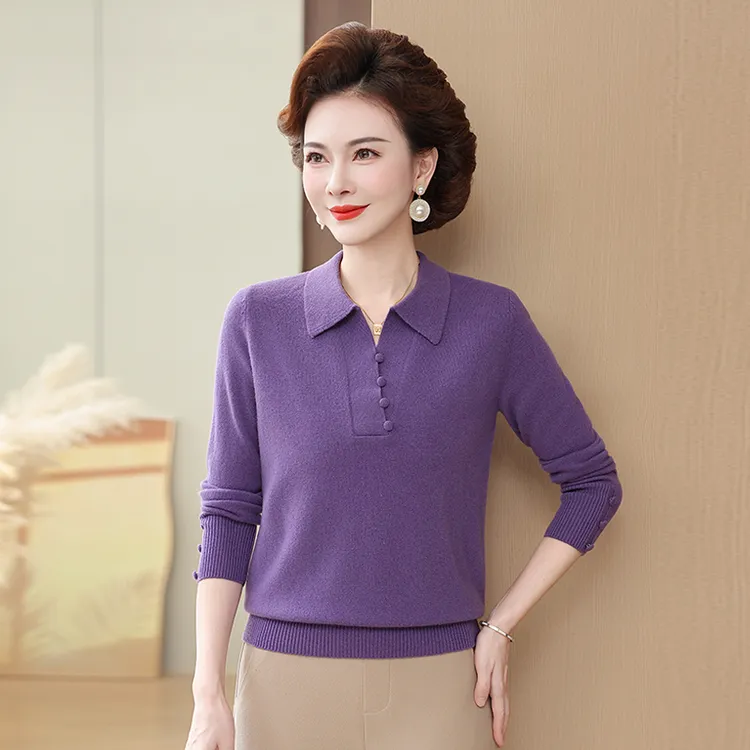 100%全羊毛时尚翻领中老年女装打底衫洋气秋冬秋季秋冬气质打底衫